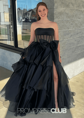 Nina | A - Line Strapless Tiered Tulle Hot Pink Long Prom Dress - Price #price_variant_lowest# - Black - PromDressClub